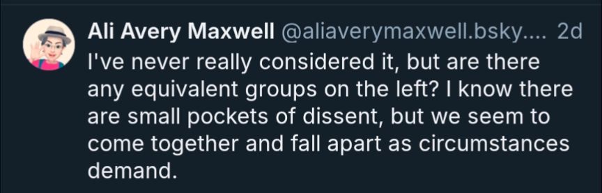 I've never really considered it, but are there any equivalent groups on the left. I know there are small pockets of dissent, but we seem to come together and fall apart as circumstances demand.