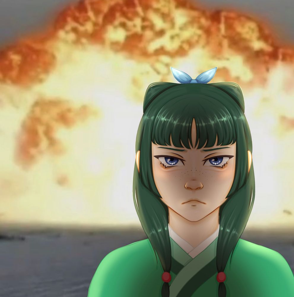 Art of maomao as the cat in front of the explosion 