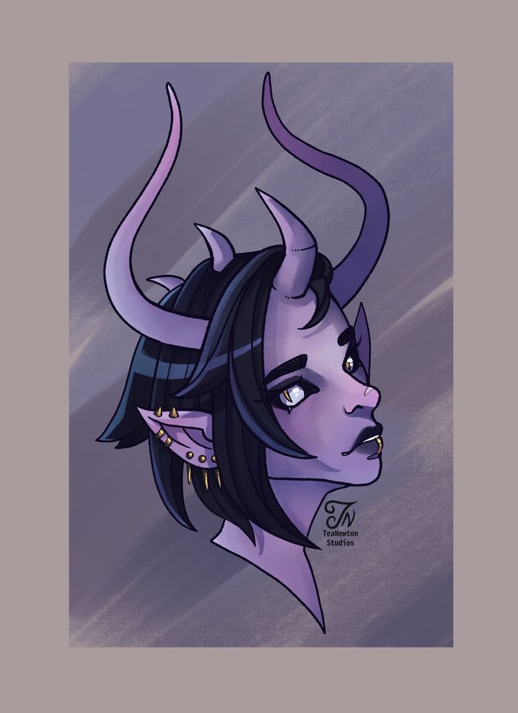 A drawing of a demon woman with large curved horns, purple skin, and black side swept hair