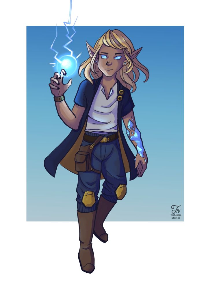 A blonde elf with tan skin floating and casting a lightning spell