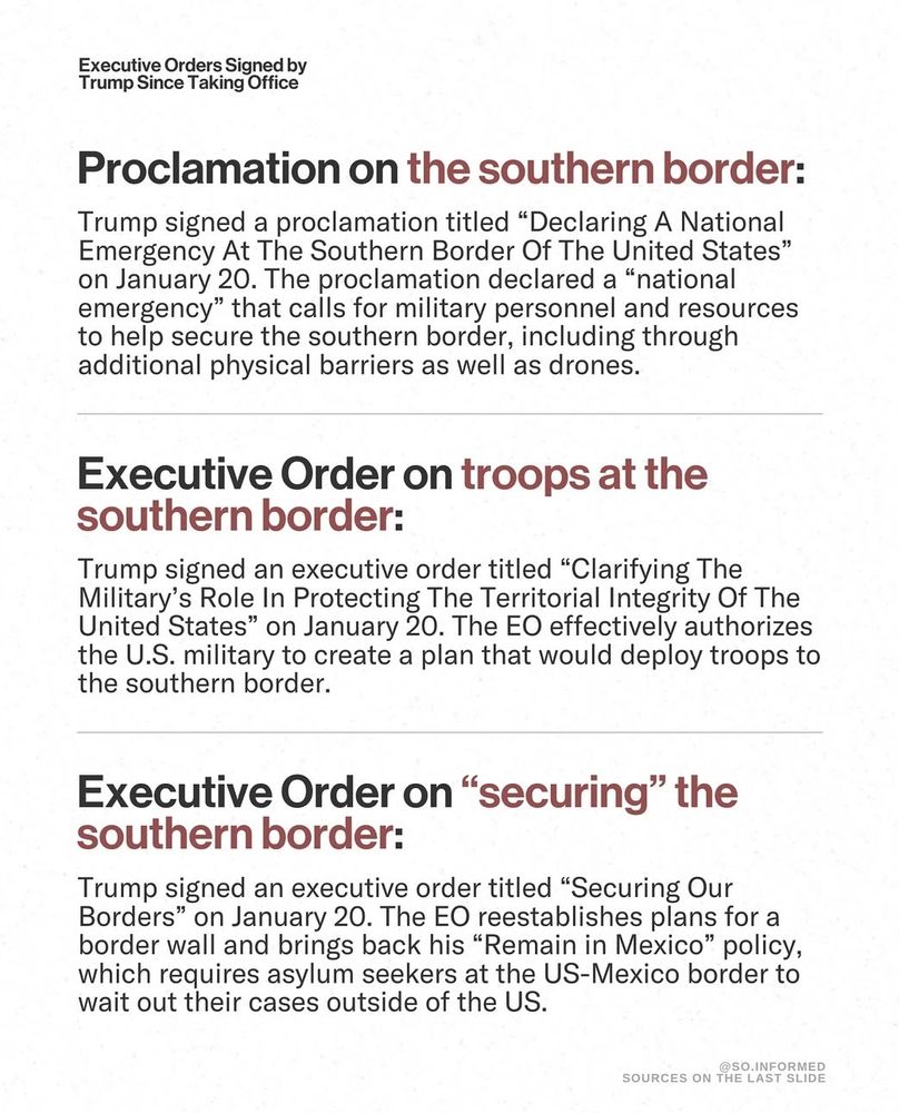 Synopsis on Trump executive orders: Southern border, troops at the southern border, and "securing" the southern border. 