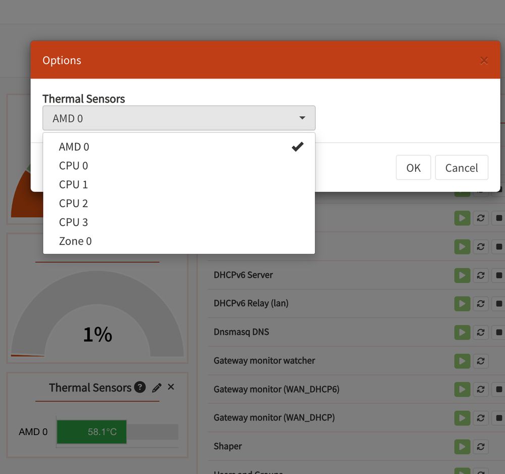 Shows OPNsense GUI with a display selector for the thermal sensors widget.
