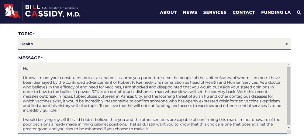 A letter to Senator Bill Cassidy angrily telling him that he's a coward if he confirms RFK, Jr. as head of the HHS.