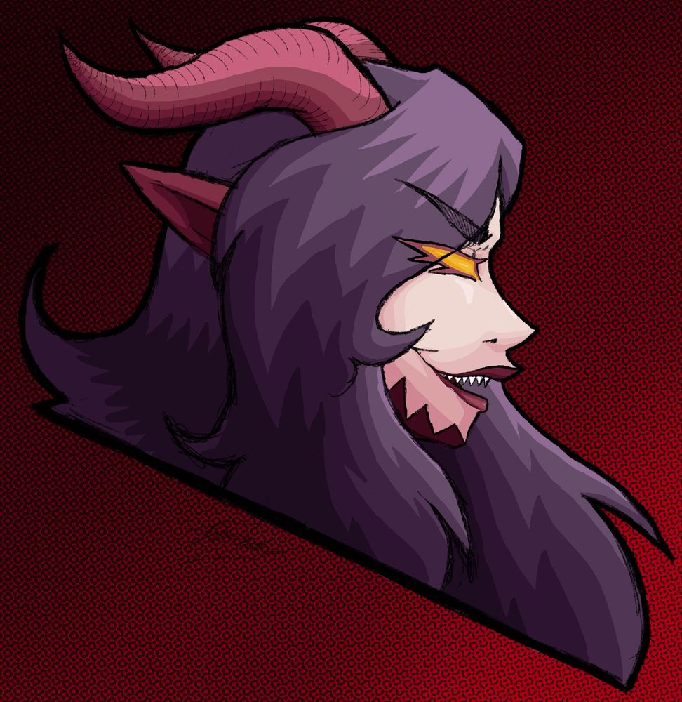 Headshot of GeeJays character Luthien. She has long purple hair, red horns and pointy ears, and yellow pupilless eyes. She wears a crazed expression, showing her pointy teeth.