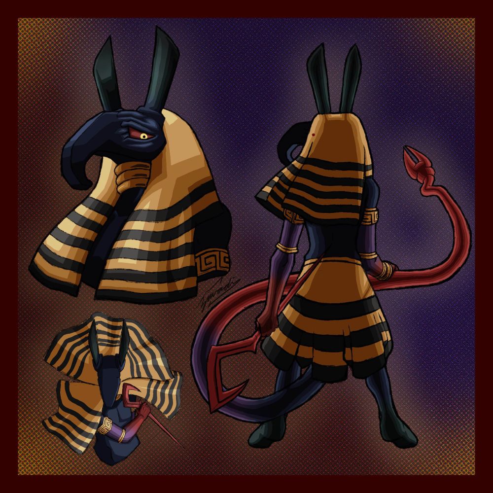 A character page for @/teethinthedark's Set OC named Salawa. Salawa wears a black and gold striped nemes and a matching black and gold striped skirt. Her body is a deep blue-black color that turns into a deep dark green at her legs and horns, a purple down hair arms and the middle of her tail, and a bright red at her wrists/hands and the tip of her tail. She wears gold engraved braces at the base of her shoulders and wrists, as well as gold bangles around her neck and elbows. The page features a fullbody, halfbody, and bust of her respectively.
The fullbody has her back towards the viewer, she holds her scarlet sickle in her hand while the other is resting on her long pronged tail that is curled in front of her. She looks back slightly her pupil visibly staring you down through the nemes.
The bust has her staring the viewer down from a low angle, and the halfbody has her readying a strike with her sickle from a higher angle, her nemes flowing in a mesmerizing circular shape.