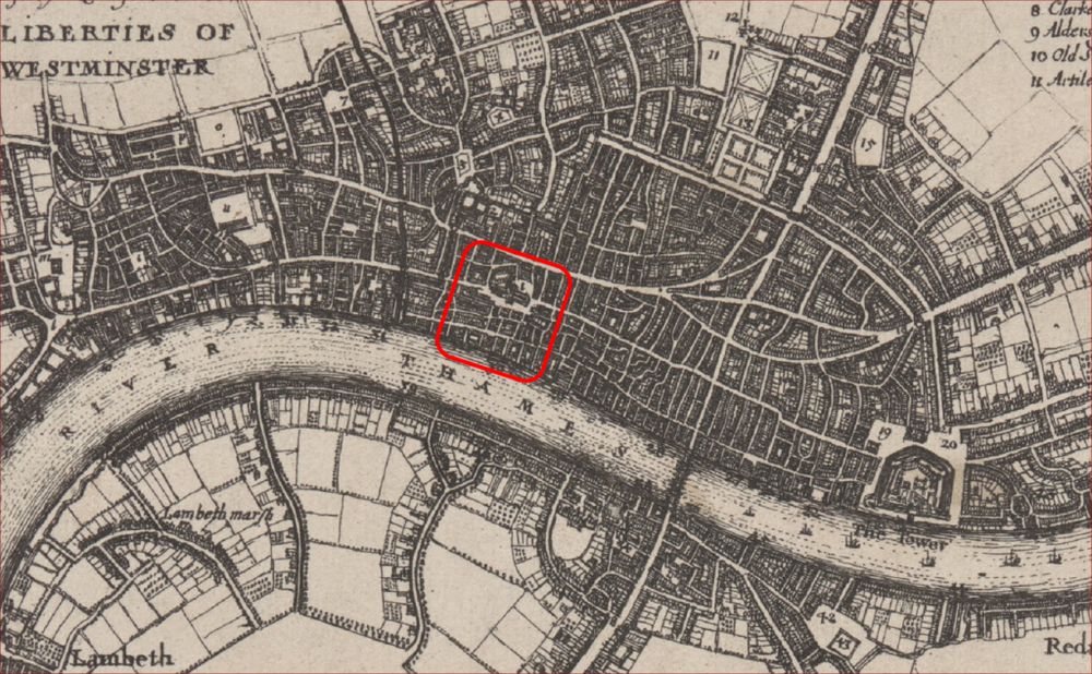 A greyscale map of London with Castle Baynard Ward surrounded in a red square. The base map is Wenceslaus Hollar, Map of London before the Fire of 1666, c. 1667, Davison Art Center, Wesleyan University. Gift of George W. Davison (B.A. Wesleyan 1892). The red square roughly indicates Baynard Castle ward, where John Pooke, the testator of this will resided.