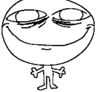 an evil stick figure violence image. it has an extremely large head with a disturbingly large, closed mouth smile