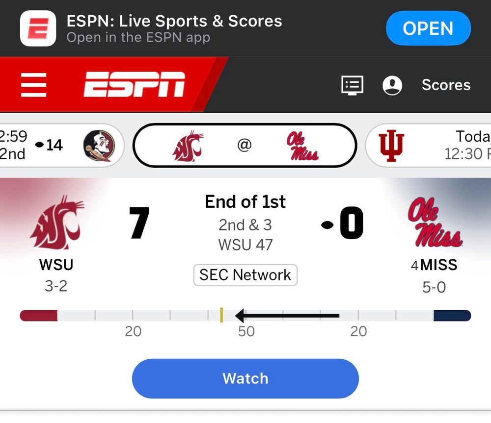 Screen shot of ESPN’s scoreboard showing Washington State leading #4 Ole Miss 7-0 in a football game being played in Oxford, Mississippi.