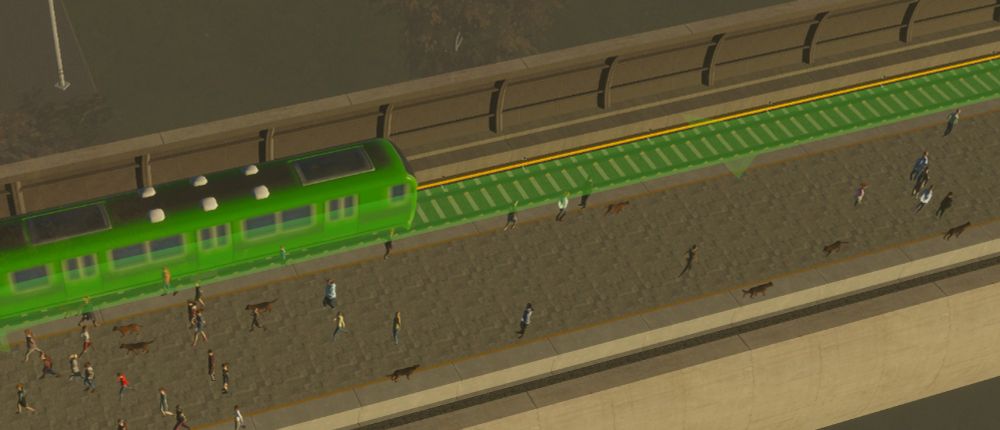 Screen shot of the subway in Cities Skylines II. MANY dogs are seen roaming the station platform.