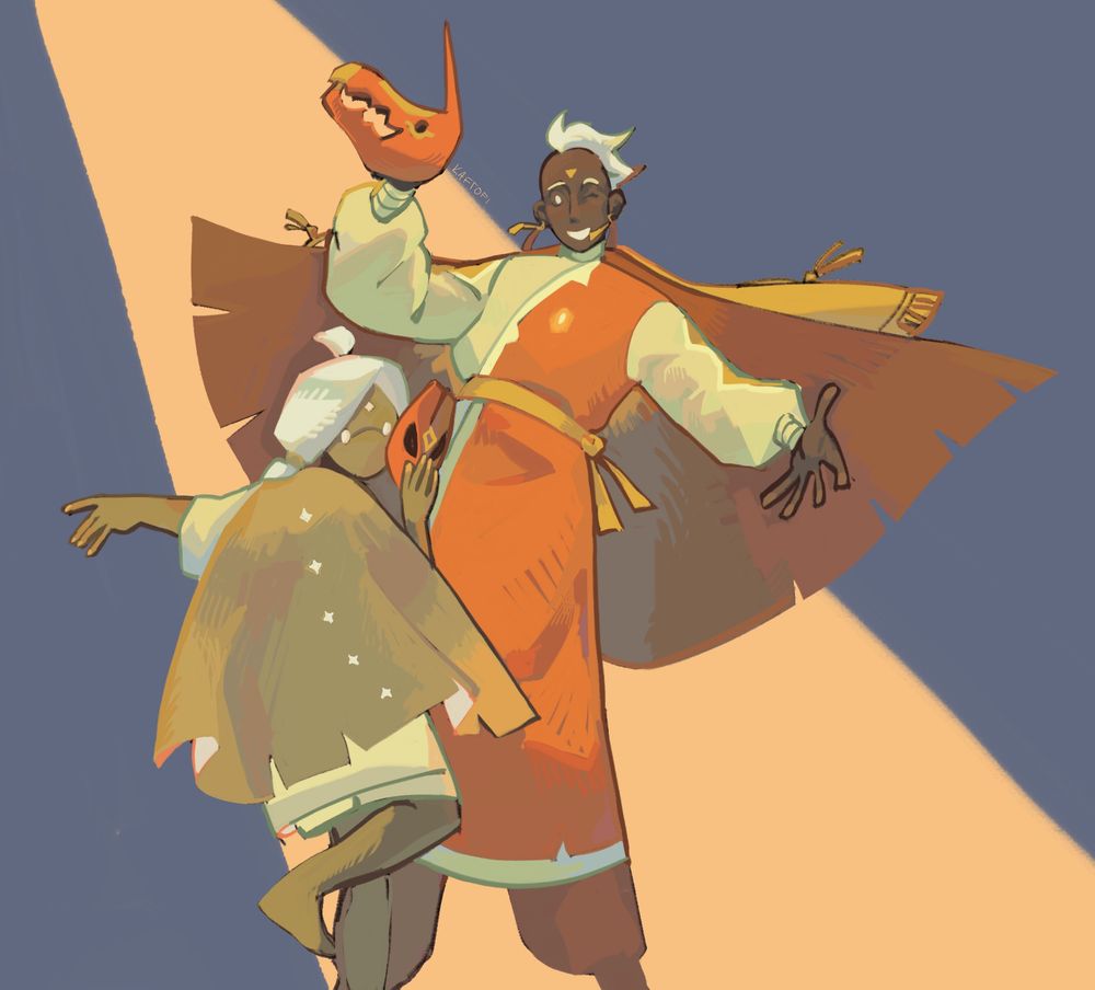 A rendered drawing of Sirce and a Moth, both holding masks from season of Gratitude. Sirce looks to be guiding the moth in a dance
