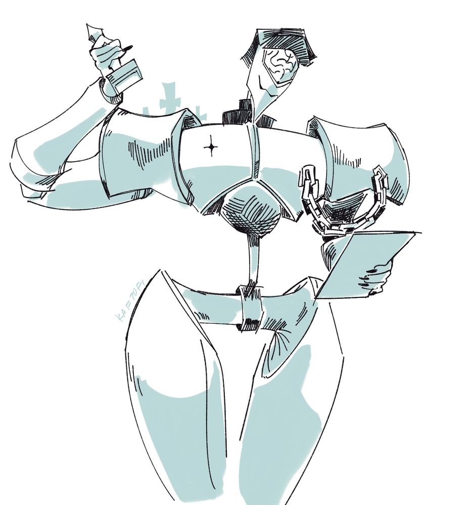 A monochrome line sketch of Diligence, he is holding a stamp and a clipboard