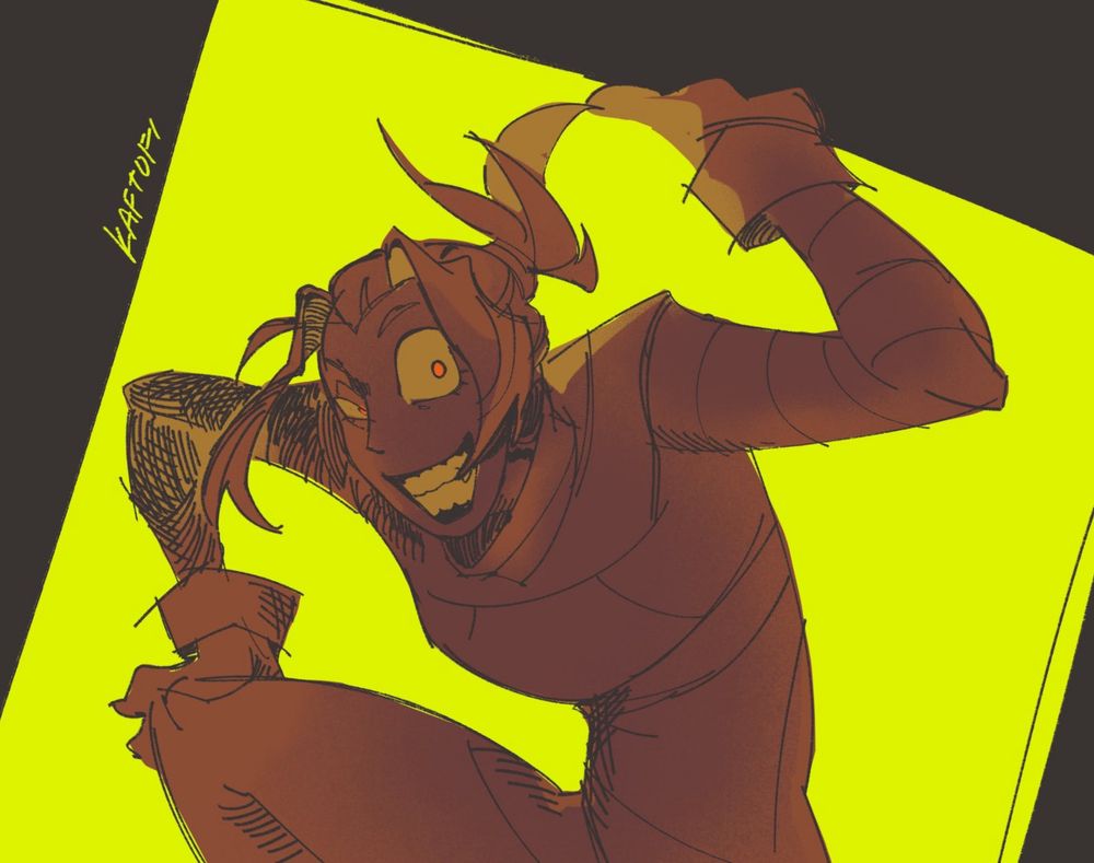 A high contrast sketch of Melancholy, who is menacingly smiling at the viewer.