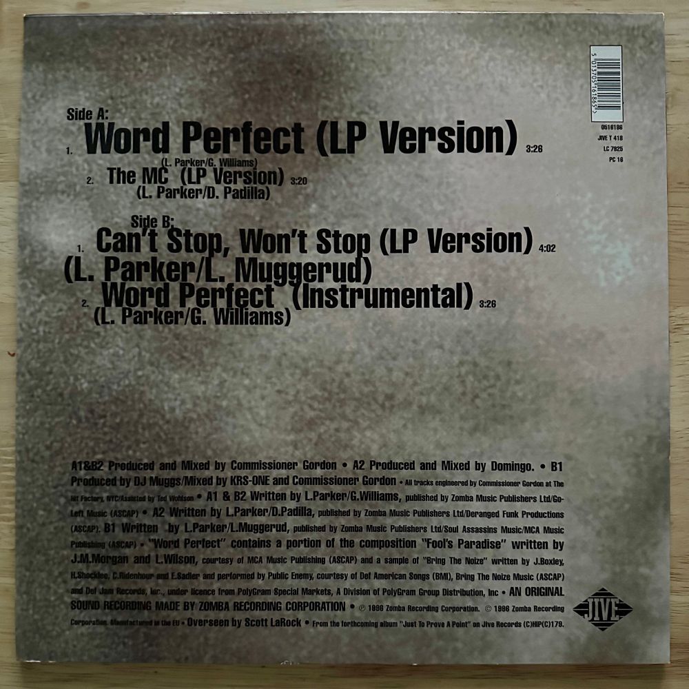 A photo of the back cover of the Can’t Stop, Won’t Stop 12” single from KRS-One