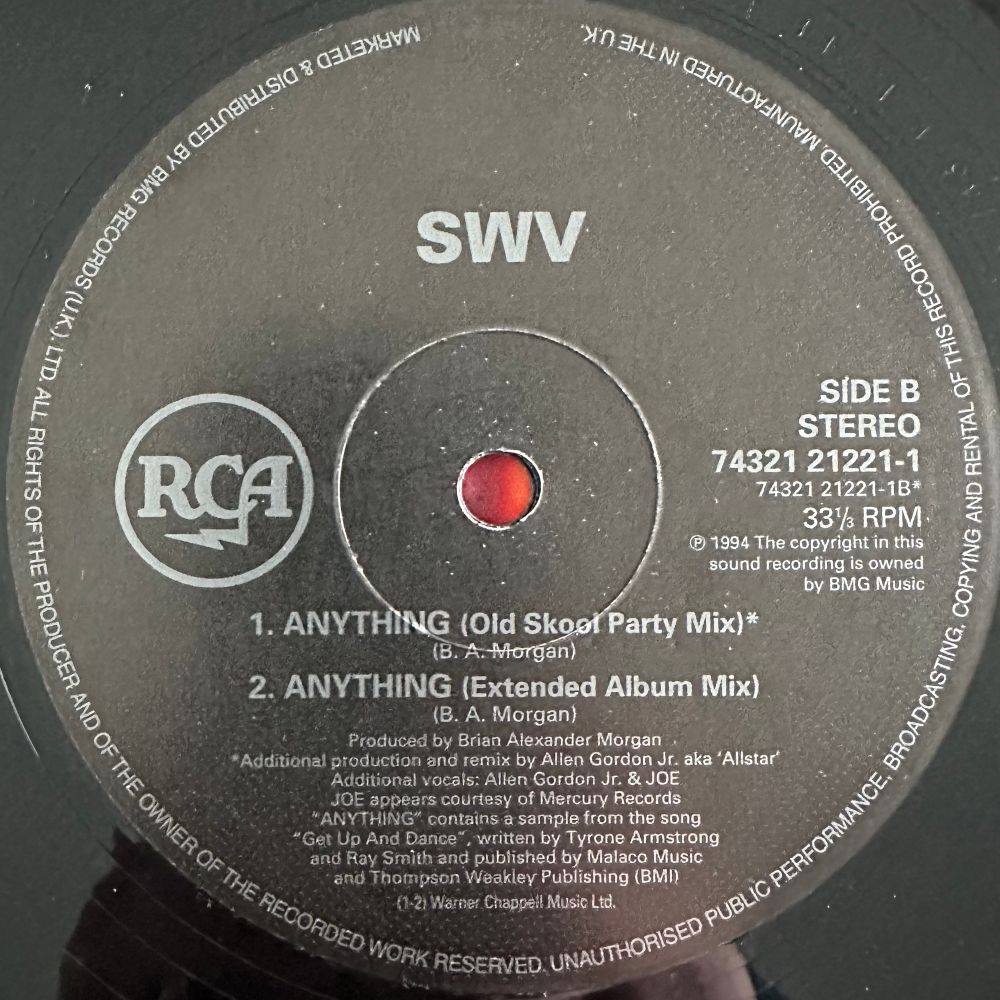 A photo of the b-side label of the Anything 12” single by SWV