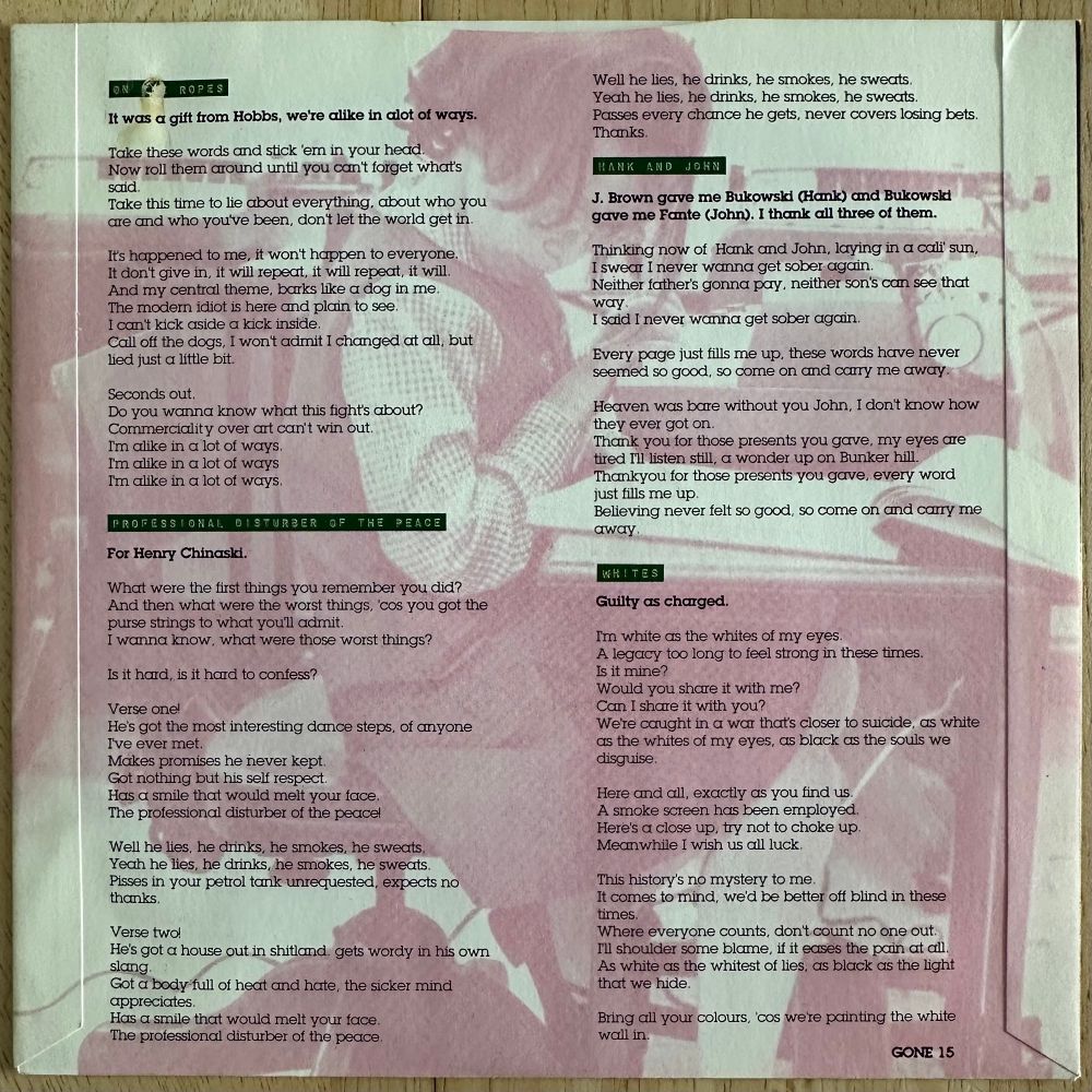 The back cover of the insert art from the On The Ropes EP by The Wonder Stuff from 1993