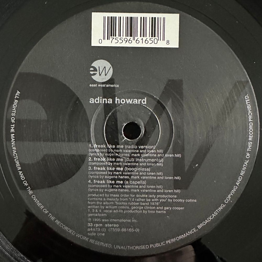 A photo of the A-Side label of the Freak Like Me 12” single by Adina Howard