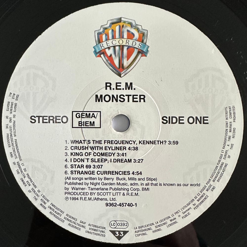A photo of the a-side label of the 1994 album ‘Monster’ by R.E.M.