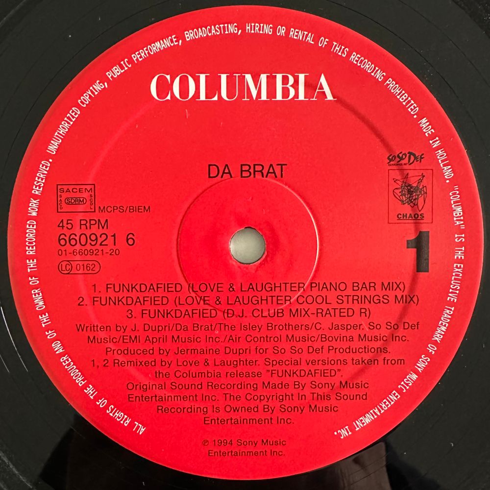 The A-side label of the UK 12” single release of Funkdafied by Da Brat