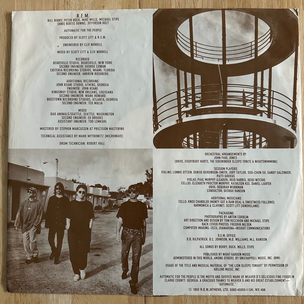 A photo of the printed inner sleeve of the Automatic For The People album from R.E.M. 