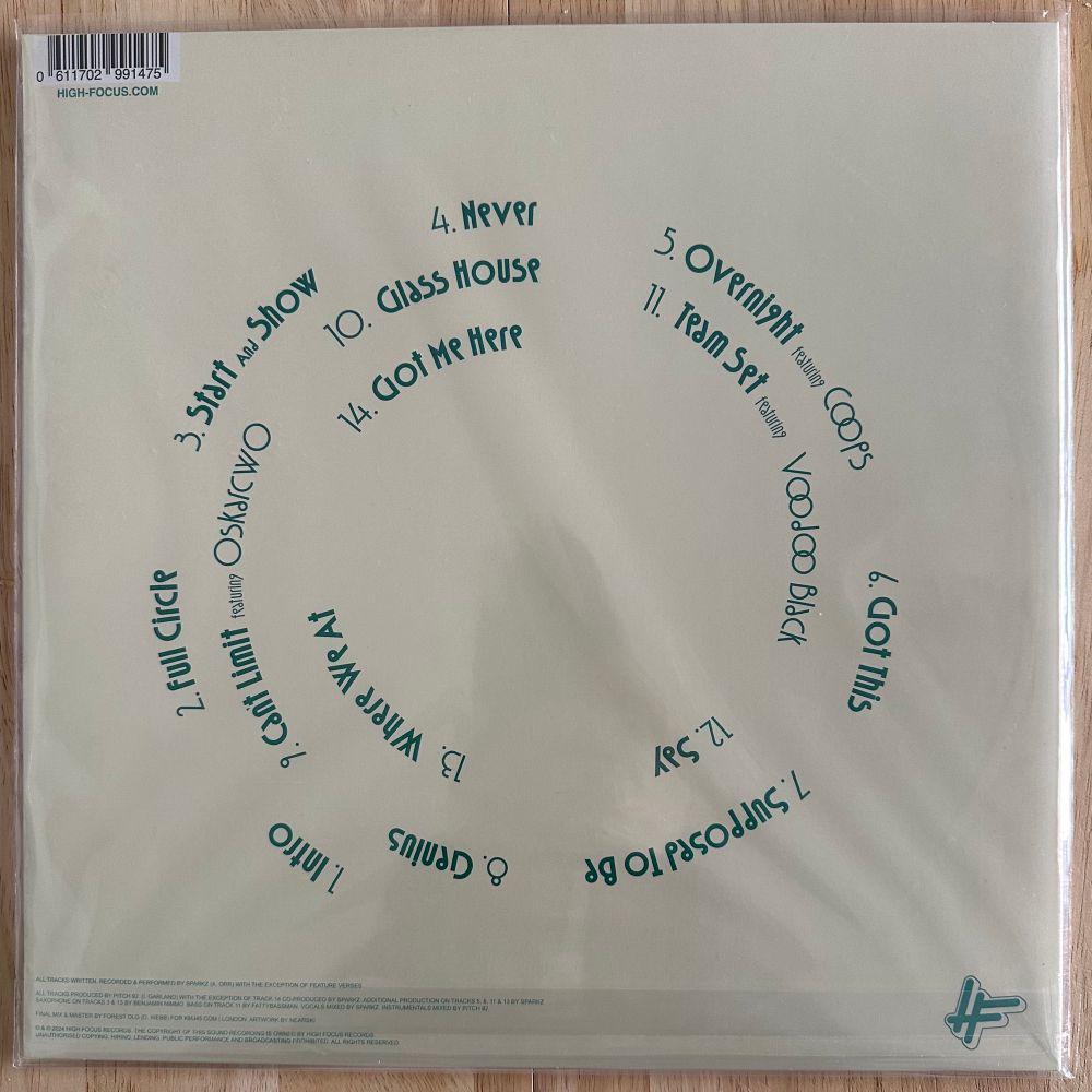 A photo of the back cover of the ‘Full Circle’ album by Sparkz & Pitch 92 from 2024. 