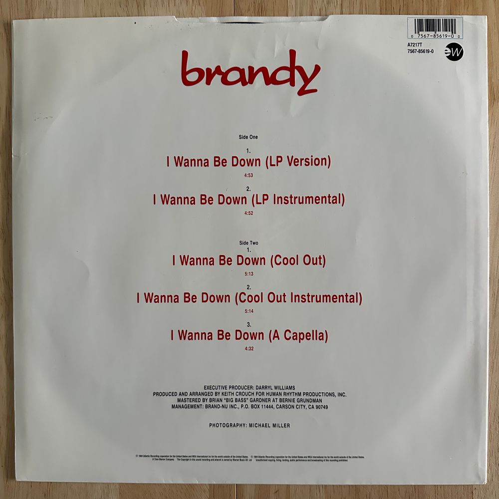 A photo of the back cover of the ‘I Wanna Be Down’ single by Brandy from 1994