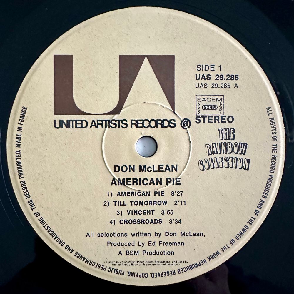 A photo of the a-side label of the vinyl copy of the American Pie album by Don McLean from 1971