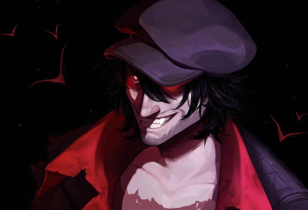 a landscape bust painting of The Drifter. His cap covering one of his eyes but giving off a red glow underneath, his is smiling and looking directly into the camera 