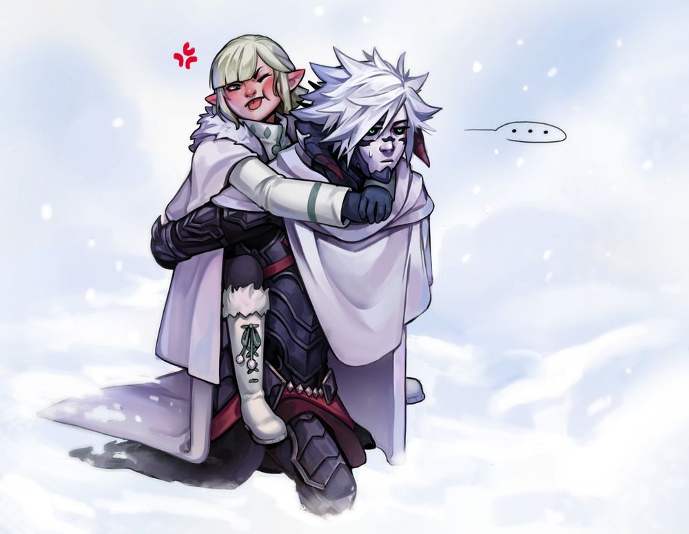 a painting of sidurgu giving rielle a piggyback ride through deep snow, rielle is making an annoyed expression as she tries to avoid sids horns