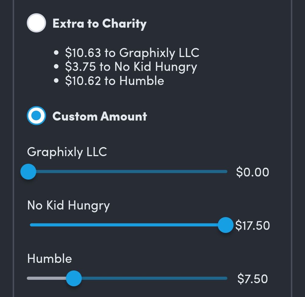 Extra to Charity
$10.63 to Graphixly LLC
$3.75 to No Kid Hungry
$10.62 to Humble
