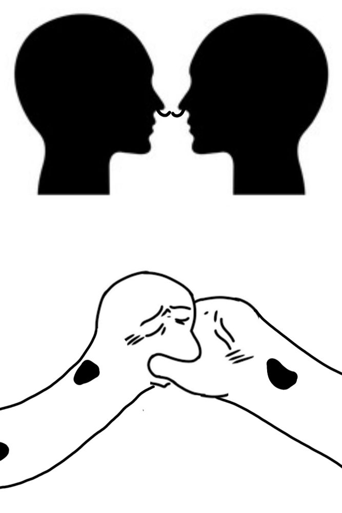 Two images
One of two heads very close together with noodles coming out of their noses and almost touching

Second image: sike it's HETEROCONGERS (or maybe homocongers, I didn't think it was polite to ask) doing the kissing meme