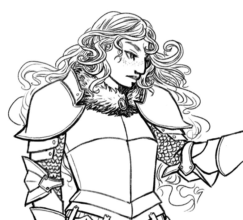 A detailed yet still unfinished digital pencil drawing of Avlora from Triangle Strategy. The image is cropped from the waist up.