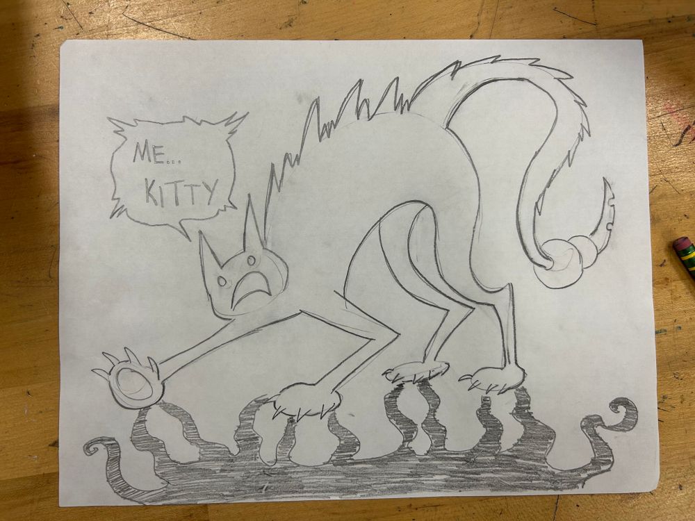 A “cat” creature with large paws, spiked fur, and a stinger tail arching its back. It’s saying “me…kitty…” and its shadow is actually a tentacle beast 