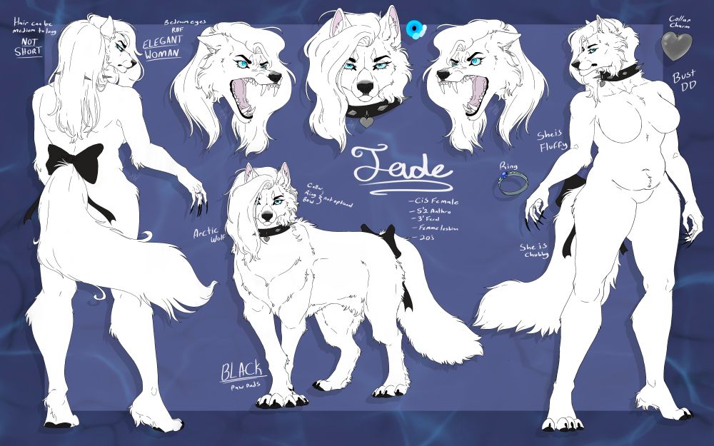 Character ref sheet made by me, a white Arctic wolf with a spiked collar and a black bow on the tail. 