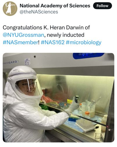 Heran Darwin in PAPR PPE working in the BSC- She got inducted into the National Academy of Science today
