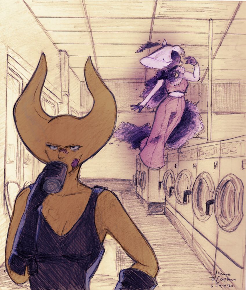 A picture of an Artfight revenge, featuring Waverly by Damocles and Morvannah, the worst character I have.  The two are in a laundry mat, with Morvannah and Waverly being the only two colored in.  The background is a solid cream color.