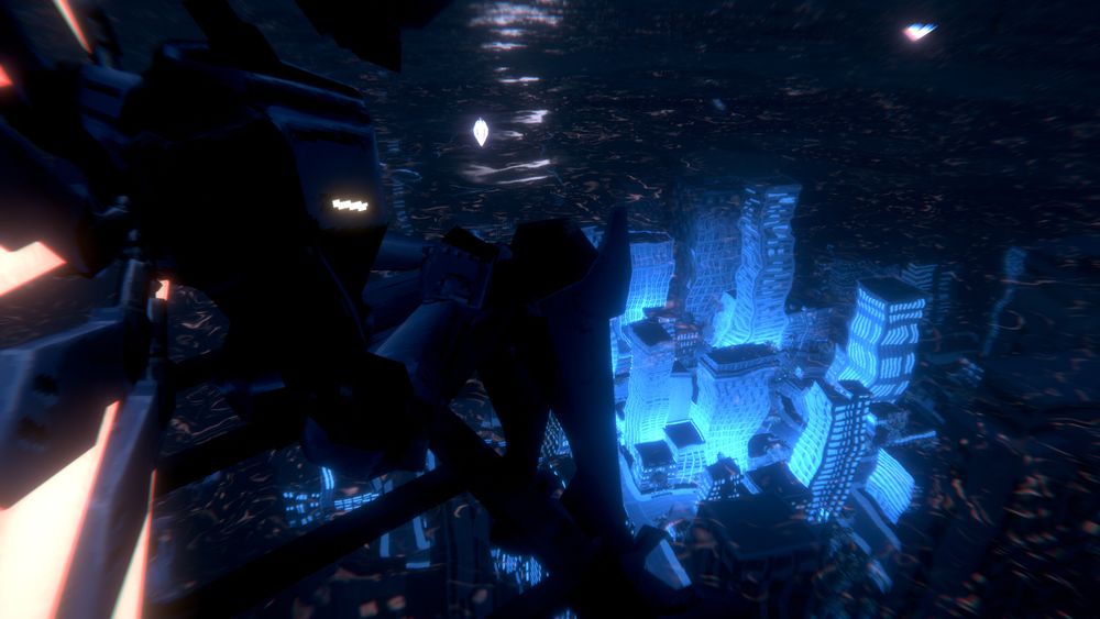 A picture of V1 with his head cropped off, sitting down beside the water.  The water is transparent, and within it is a city illuminated in blue.  Most of the colors are dark, the lights of the city being the focus.