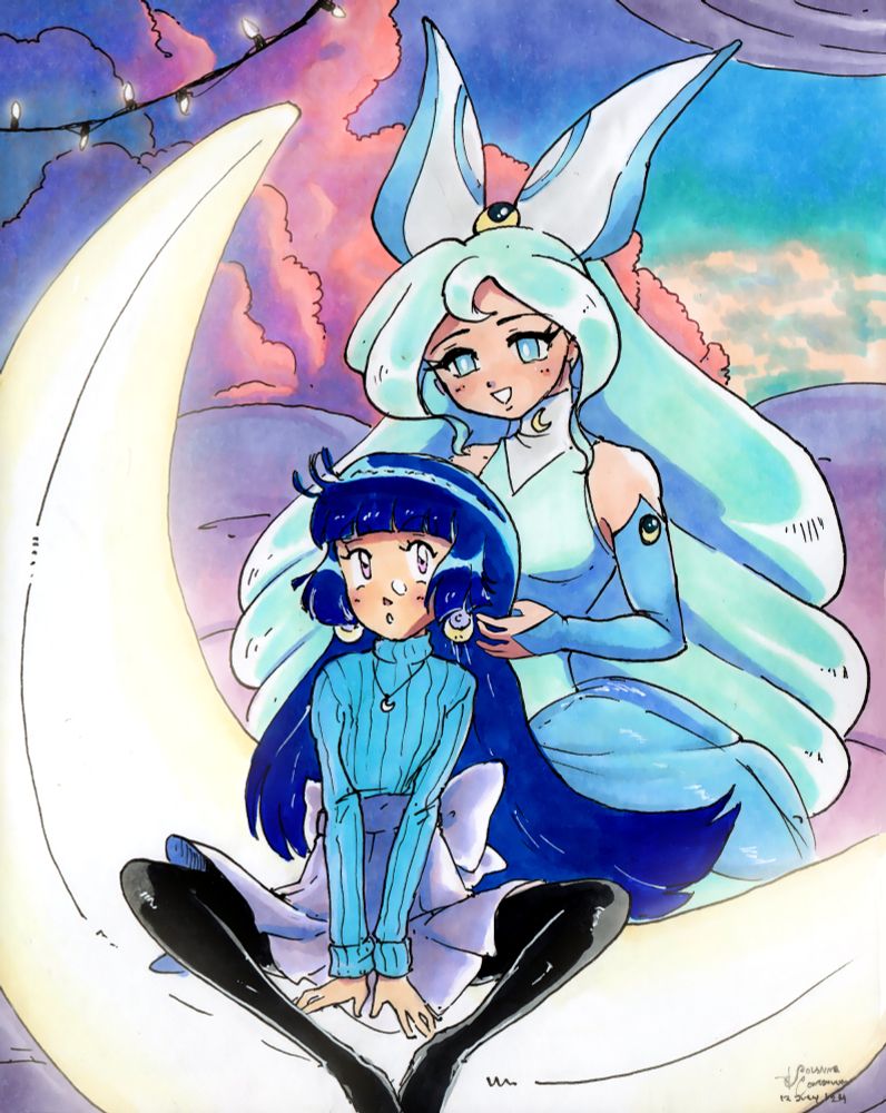 A picture of an Artfight attack featuring my original character Nana-Jan and Luna by Meii_Jasmine.  Nana-Jan is sitting on a large, glowing moon chair that is floating above the ground.  Luna is sharing words of wisdom to her younger lunar friend as she brushes through her dark blue hair.  There are lights strung up behind them with sunset-colored clouds.