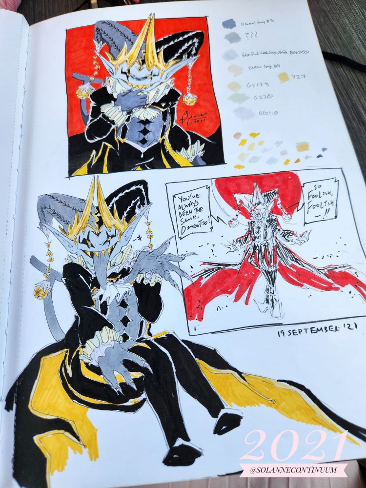 A page with several colored doodles of Black Joker Jevil.  There are pops of bright red and golden yellow in contrast with Grey and black.  On the lower right corner, the watermark reads, "2021 | @SOLANNECONTINUUM".
