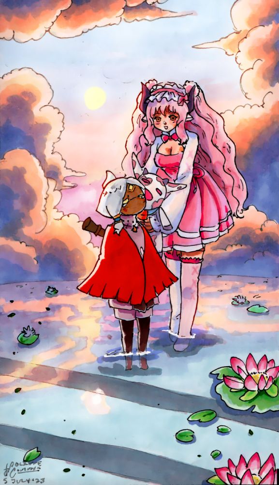 A picture of an Artfight attack, featuring Telfoso and Rosabelle by BlitzyBubblez.  The two are standing in shallow water with the light and clouds reflecting on the water's surface.  Lotus blossoms and lily pads decorate the dreamy landscape.  The clouds are puffy and are a mixture of orangeish tones and blue violet shadows.  Telfoso is being comforted by Rosabelle's doll as she cries about not feeling like herself.