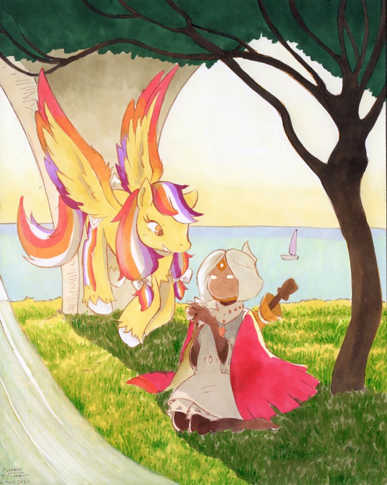 A picture of an Artfight attack featuring Telfoso and Sunset Skye by LanceyLance17.  Telfoso is sitting upon the grass within the shallow of a pillar.  She holds one of Skye's bows, as it had been gifted to her.  Sunset Skye is fluttering in the air with a joyful expression upon their face.  The scenery is dreamy with more yellows, indicating that it is golden hour.