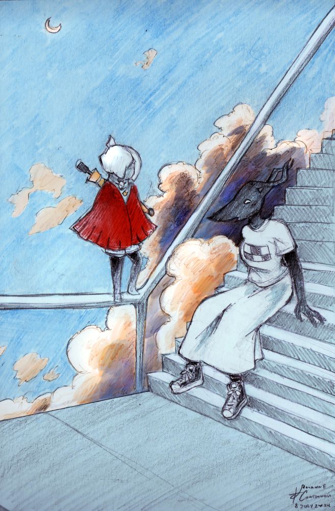 A picture of an Artfight revenge featuring Amizade by Apollo and Telfoso,  Amizade is sitting on a staircase in the sky with an amazed expression, looking at Telfoso.  The young goddess is standing on the stair railing as puffy clouds peek into the staircase.