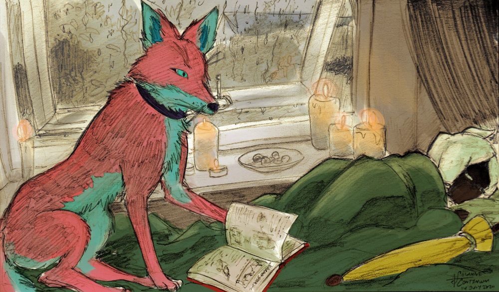 An artfight revenge featuring Lemonade by KillerDark and a sleeping Telfoso.  Lemonade is looking through Telfoso's infinite red sketchbook while she sleeps.  Candles decorate the window sill as it is raining outside.