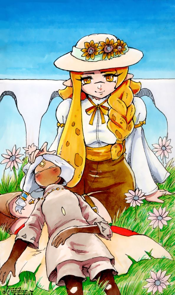A picture of an Artfight attack featuring Telfoso and Tierra by Meii_Jasmine.  Telfoso is sleeping on Tierra's lap with a blissful expression upon her masked face.  Tierra is smiling while gently petting Telfoso's white hair.  The two are in a pure daylight scene atop a balcony that has grass with flowers growing on the floor.  The sky behind them is blue and clear with a white fence behind them.