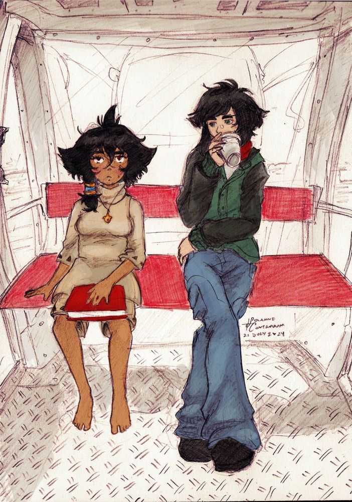 An artfight revenge featuring Rhaoru by MonarchMoon (deemk) and Telfoso.  Rhaoru looks with intrigue at Telfoso, who just suddenly morphed into her Host Child form in front of them.  Aside from the two and the chair they're sitting in, the rest of the picture is devoid of color.