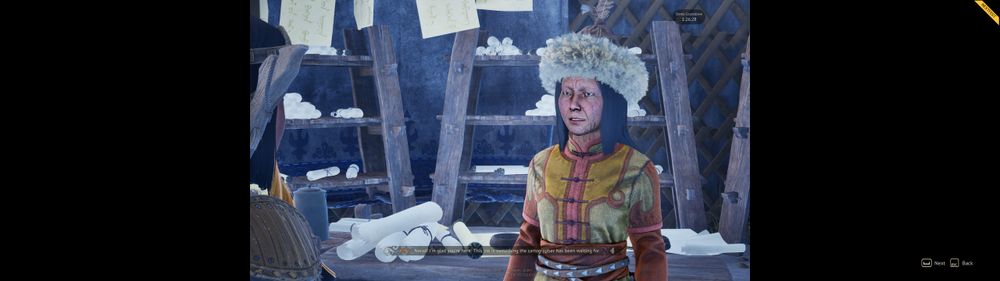 Screenshot of an indoor, well... in-tent scene. Faces are stiff and not animated. No voice lines. An older woman stands before the protagonist, mouth permanently slightly open to indicate speech. The costumes seem accurate enough to my untrained eye, and the Mongolian hat looks comfy.