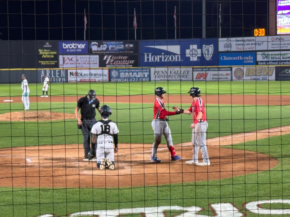 Two rumble ponies players celebrating at home plate 