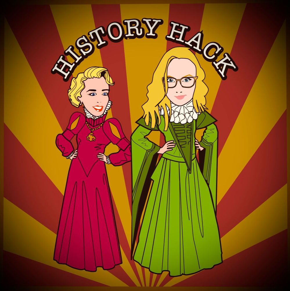 Episode cartoon - host and guest in pink and green Tudor style dress.