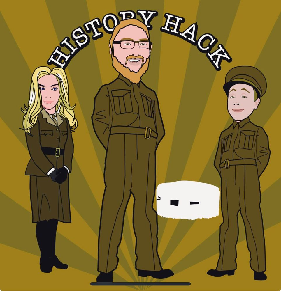 Podcast guest and hosts in ww2 style uniforms