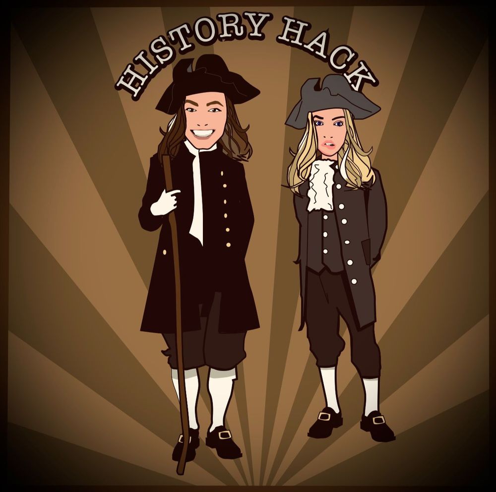 Podcast cartoon - presenter and guest in early modern style male dress