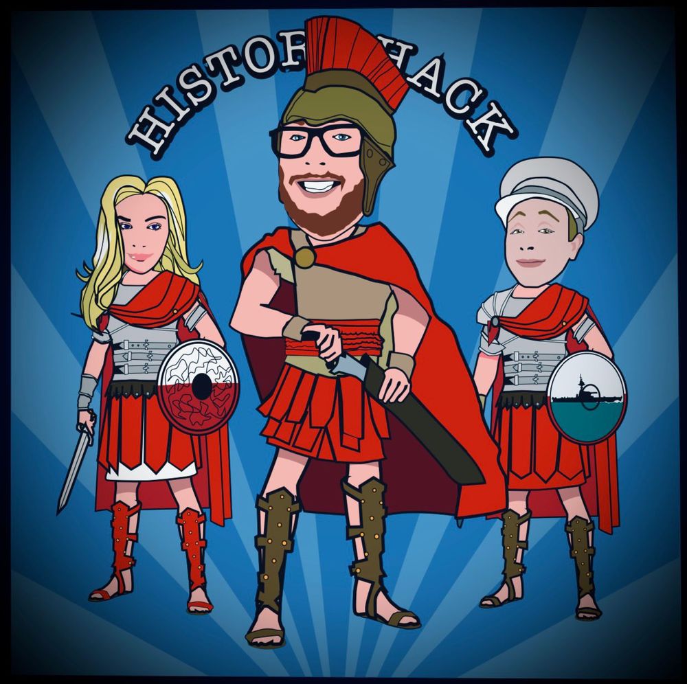 Podcast cartoon - guest and hosts in red Roman military dress.